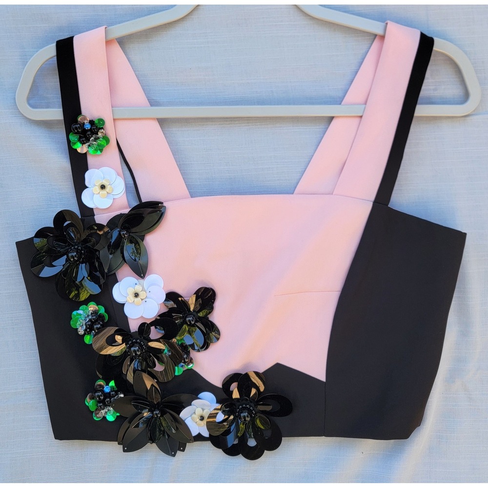 Y28 Beulah Style Pink Black Colorblock 3D Floral Sequin Crop Top Large